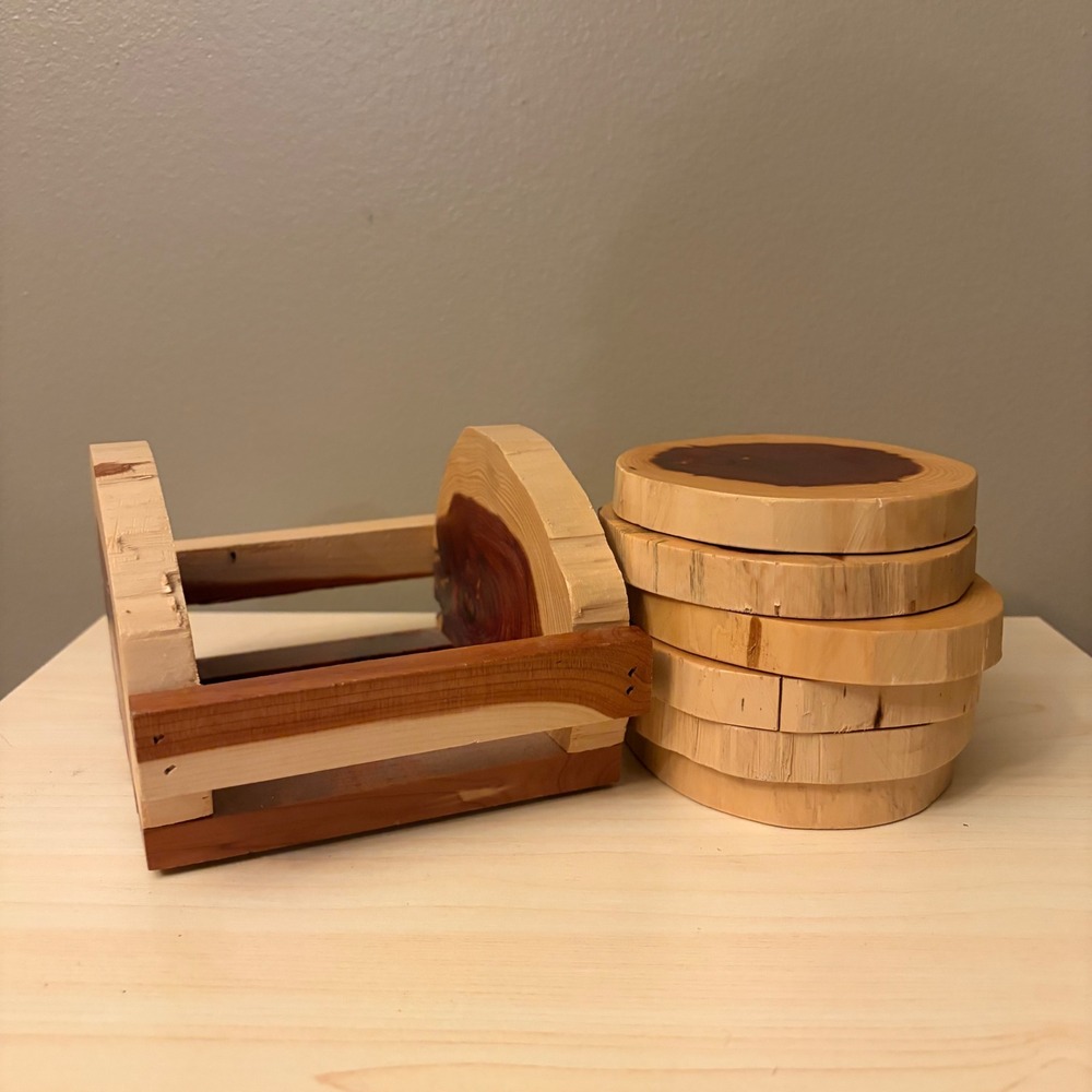 Unique One of a Kind Cedar Wood Coaster Set  Holder Rustic Live Edge Log Slice